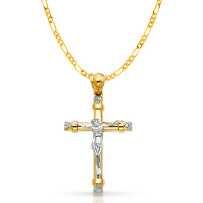 14K Gold CZ Crucifix Pendant with 3.1mm Figaro 3+1 Chain