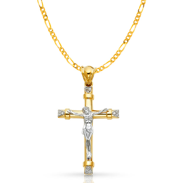 14K Gold CZ Crucifix Pendant with 3.1mm Figaro 3+1 Chain