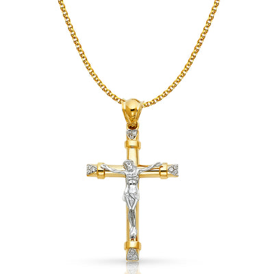 14K Gold CZ Crucifix Pendant with 1.7mm Flat Open Wheat Chain