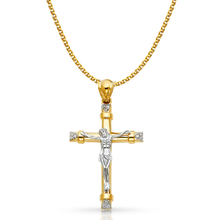 14K Gold CZ Crucifix Pendant with 1.7mm Flat Open Wheat Chain