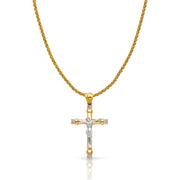 14K Gold CZ Crucifix Charm Pendant with 1.4mm Round Wheat Chain Necklace