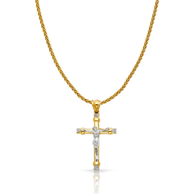 14K Gold CZ Crucifix Charm Pendant with 1.4mm Round Wheat Chain Necklace