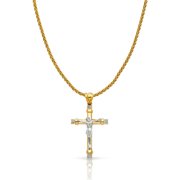 14K Gold CZ Crucifix Charm Pendant with 1.4mm Round Wheat Chain Necklace