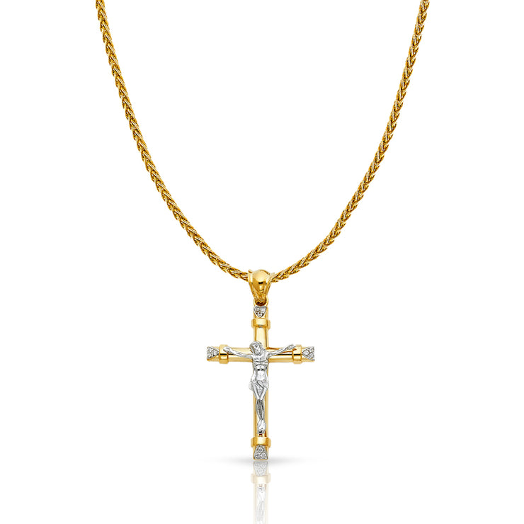 14K Gold CZ Crucifix Charm Pendant with 1.4mm Round Wheat Chain Necklace