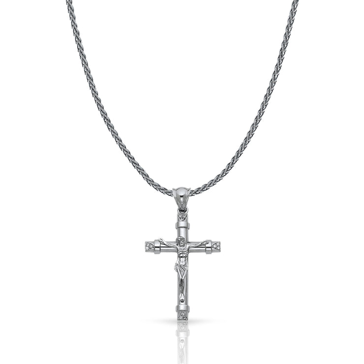 14K Gold CZ Crucifix Charm Pendant with 1.4mm Round Wheat Chain Necklace