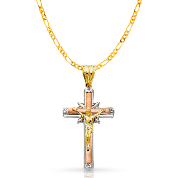 14K Gold CZ Crucifix Pendant with 3.1mm Figaro 3+1 Chain