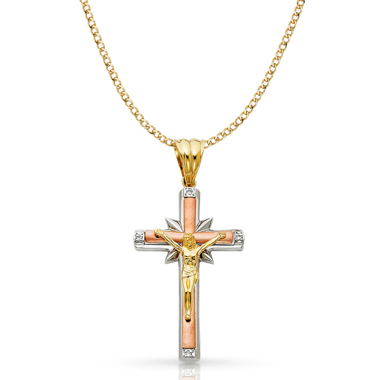 14K Gold CZ Crucifix Pendant with 3.4mm Hollow Cuban Chain