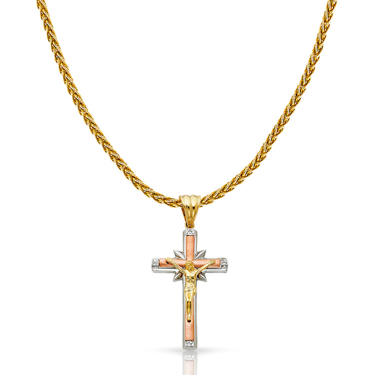 14K Gold CZ Crucifix Charm Pendant with 1.4mm Round Wheat Chain Necklace