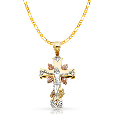 14K Gold CZ Crucifix Pendant with 3.1mm Figaro 3+1 Chain