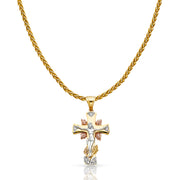 14K Gold CZ Crucifix Charm Pendant with 1.4mm Round Wheat Chain Necklace