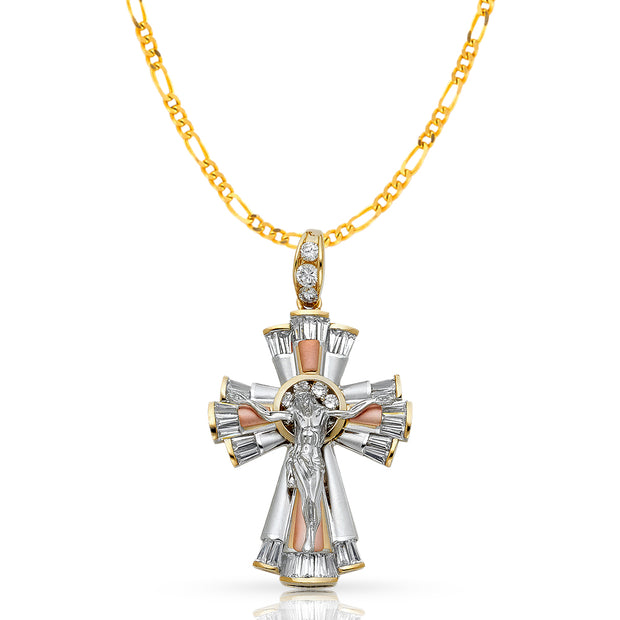 14K Gold CZ Crucifix Pendant with 3.1mm Figaro 3+1 Chain