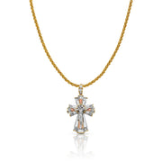 14K Gold CZ Crucifix Charm Pendant with 1.4mm Round Wheat Chain Necklace