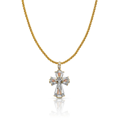 14K Gold CZ Crucifix Charm Pendant with 1.4mm Round Wheat Chain Necklace