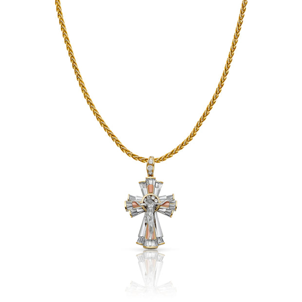 14K Gold CZ Crucifix Charm Pendant with 1.4mm Round Wheat Chain Necklace