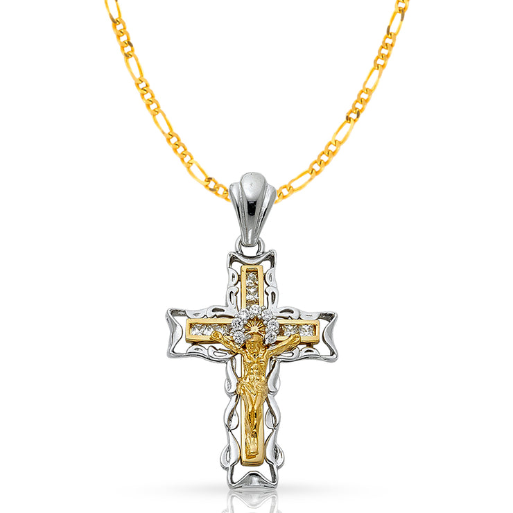 14K Gold CZ Crucifix Pendant with 3.1mm Figaro 3+1 Chain