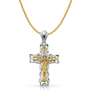 14K Gold CZ Crucifix Pendant with 1.5mm Flat Open Wheat Chain