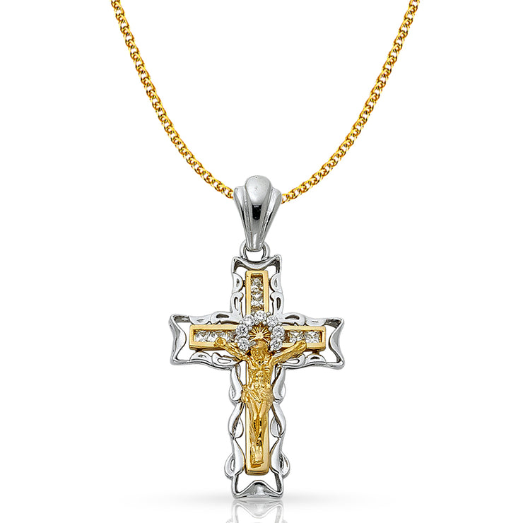 14K Gold CZ Crucifix Pendant with 1.5mm Flat Open Wheat Chain