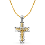 14K Gold CZ Crucifix Pendant with 1.2mm Singapore Chain