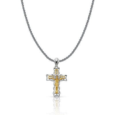 14K Gold CZ Crucifix Charm Pendant with 1.4mm Round Wheat Chain Necklace