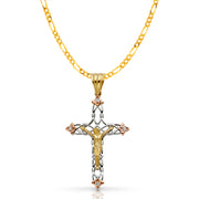 14K Gold CZ Crucifix Pendant with 3.1mm Figaro 3+1 Chain