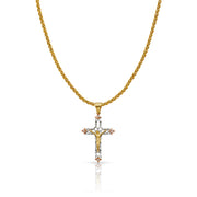 14K Gold CZ Crucifix Charm Pendant with 1.4mm Round Wheat Chain Necklace