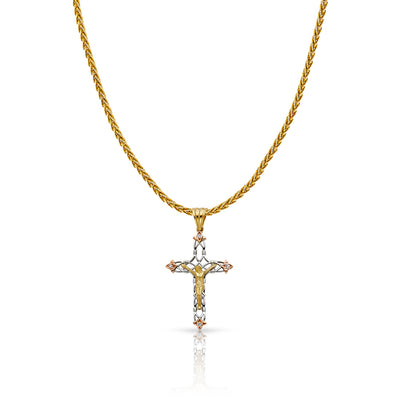 14K Gold CZ Crucifix Charm Pendant with 1.4mm Round Wheat Chain Necklace