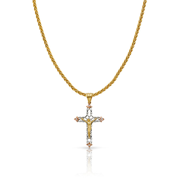 14K Gold CZ Crucifix Charm Pendant with 1.4mm Round Wheat Chain Necklace