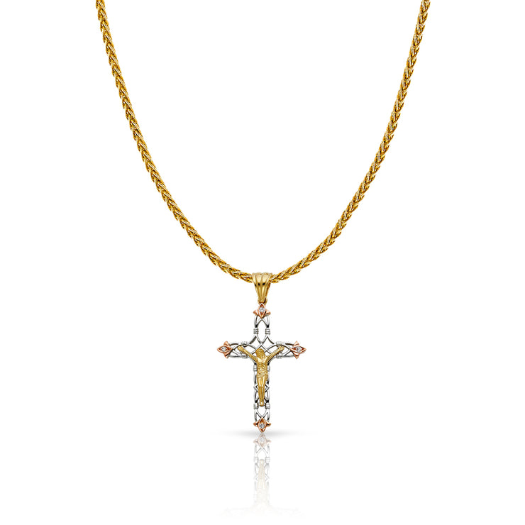 14K Gold CZ Crucifix Charm Pendant with 1.4mm Round Wheat Chain Necklace