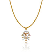 14K Gold CZ Cross of Caravaca Charm Pendant with 1.4mm Round Wheat Chain Necklace