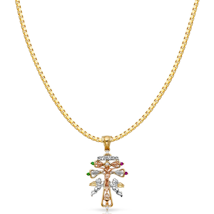 14K Gold CZ Religious Cross of Caravaca Charm Pendant with 1.2mm Box Chain Necklace