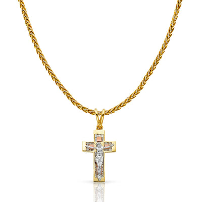 14K Gold CZ Crucifix Charm Pendant with 1.4mm Round Wheat Chain Necklace