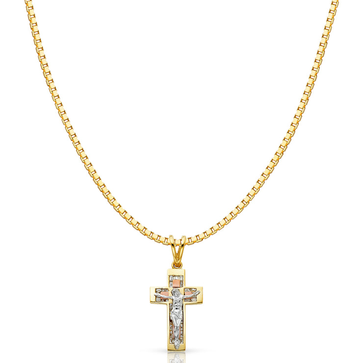 14K Gold CZ Religious Crucifix Charm Pendant with 1.2mm Box Chain Necklace