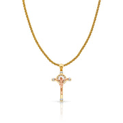 14K Gold CZ Crucifix Charm Pendant with 1.4mm Round Wheat Chain Necklace