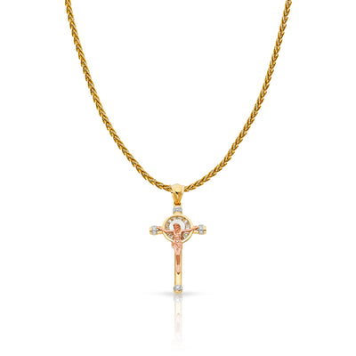 14K Gold CZ Crucifix Charm Pendant with 1.4mm Round Wheat Chain Necklace