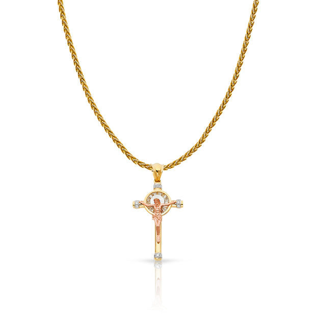 14K Gold CZ Crucifix Charm Pendant with 1.4mm Round Wheat Chain Necklace