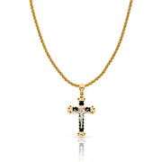 14K Gold CZ Crucifix Charm Pendant with 1.4mm Round Wheat Chain Necklace