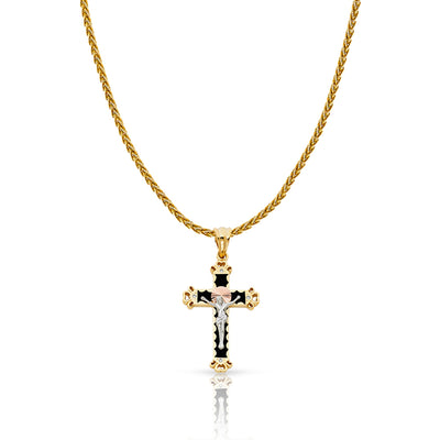 14K Gold CZ Crucifix Charm Pendant with 1.4mm Round Wheat Chain Necklace