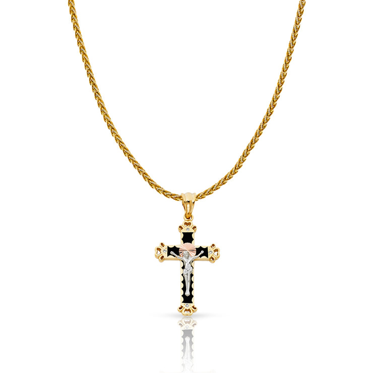 14K Gold CZ Crucifix Charm Pendant with 1.4mm Round Wheat Chain Necklace