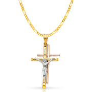 14K Gold Crucifix Pendant with 3.1mm Figaro 3+1 Chain