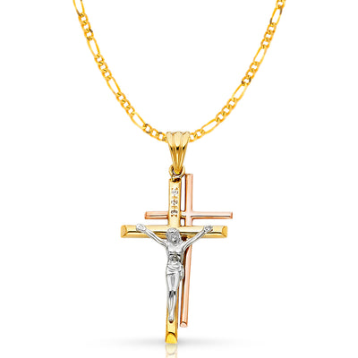 14K Gold Crucifix Pendant with 3.1mm Figaro 3+1 Chain