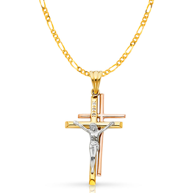 14K Gold Crucifix Pendant with 3.1mm Figaro 3+1 Chain