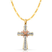 14K Gold CZ Cross Pendant with 3.1mm Figaro 3+1 Chain