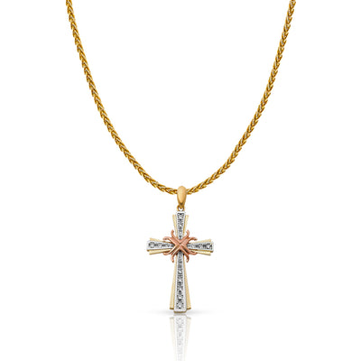 14K Gold CZ Cross Charm Pendant with 1.4mm Round Wheat Chain Necklace