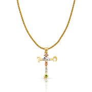 14K Gold Lucky Cross Charm Pendant with 1.4mm Round Wheat Chain Necklace