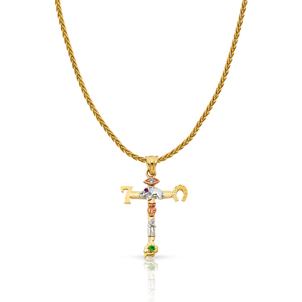 14K Gold Lucky Cross Charm Pendant with 1.4mm Round Wheat Chain Necklace