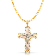 14K Gold Crucifix Pendant with 3.1mm Figaro 3+1 Chain