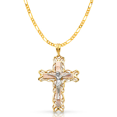 14K Gold Crucifix Pendant with 3.1mm Figaro 3+1 Chain