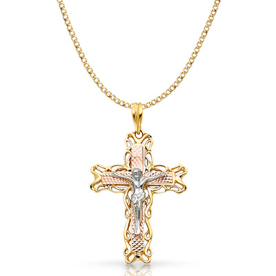 14K Gold Crucifix Pendant with 3.4mm Hollow Cuban Chain