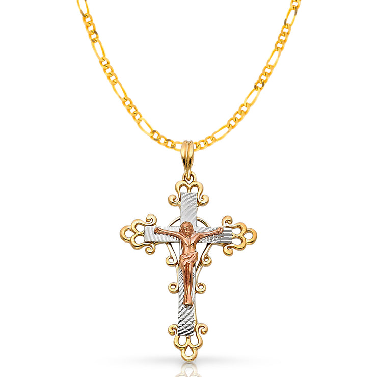 14K Gold Crucifix Pendant with 3.1mm Figaro 3+1 Chain