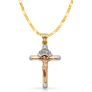 14K Gold CZ Crucifix Pendant with 3.1mm Figaro 3+1 Chain